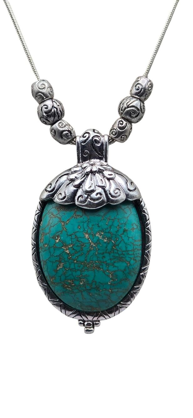 Chico’s Turquoise Pendant Necklace Silver Beaded Chain Southwestern Romantic